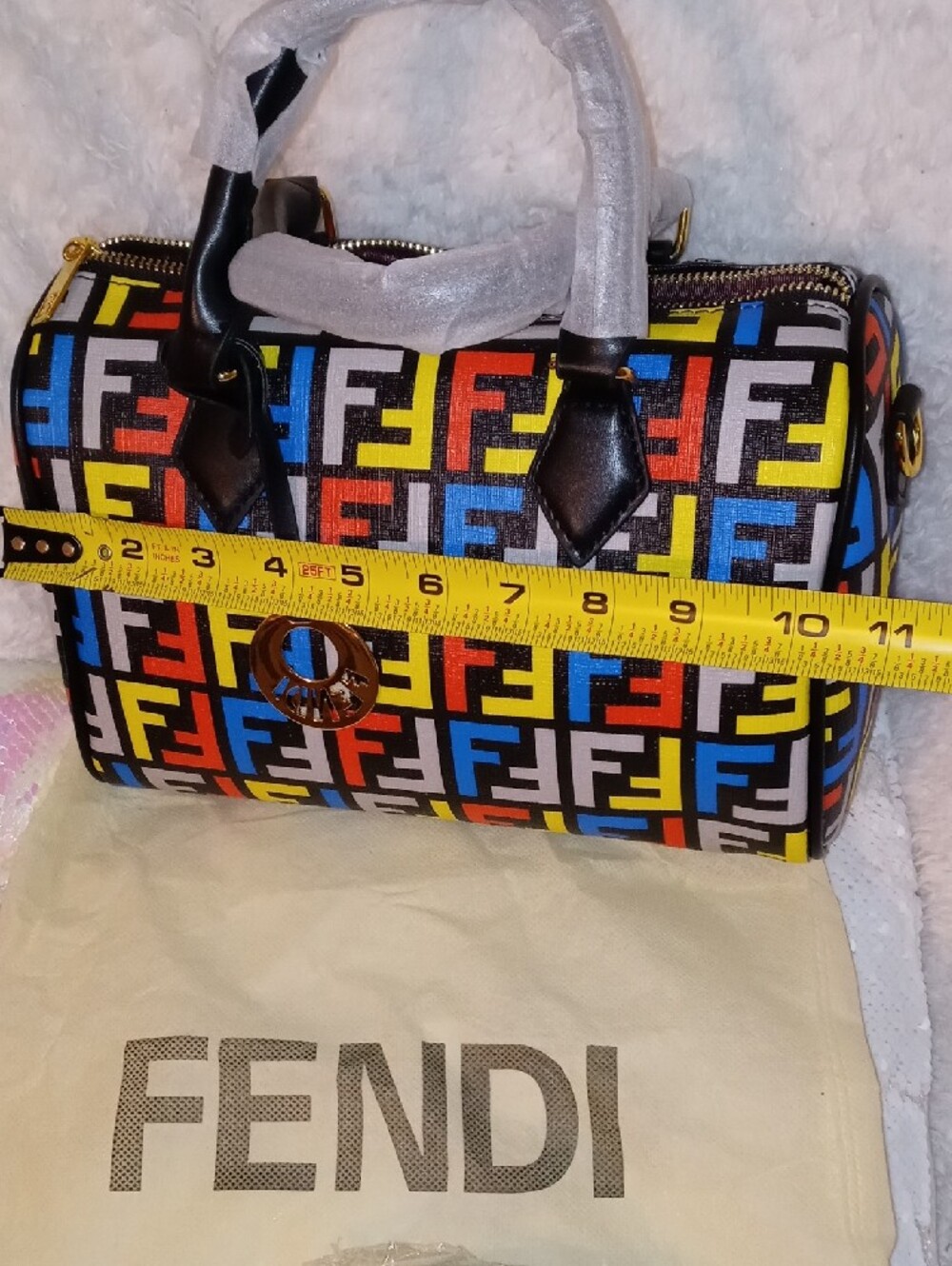 Fendi Multicolor FF Pattern Boston Bag with Black Trim - Picture 9 of 13